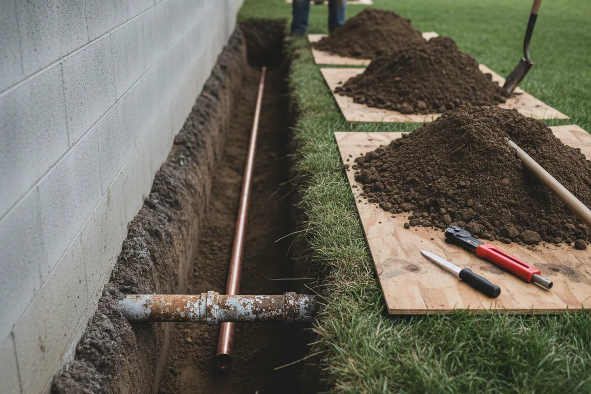 Excavated water line trench during Sewer Line Repair in Russells Point